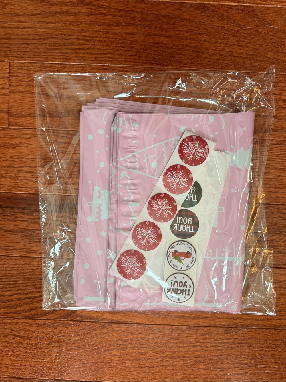 Pink Bags White Christmas Trees & Thank You Stickers - 20 mailers, 40 stickers